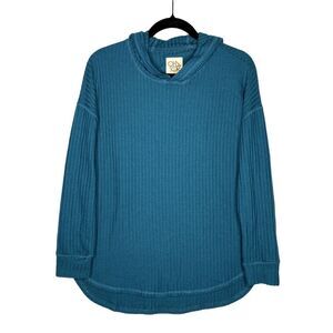 Chaser Waffle Knit Thermal Long Sleeve Hoodie Blue Medium Drop Shoulder Sweater